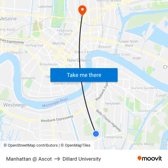 Manhattan @ Ascot to Dillard University map