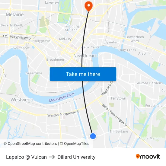 Lapalco @ Vulcan to Dillard University map