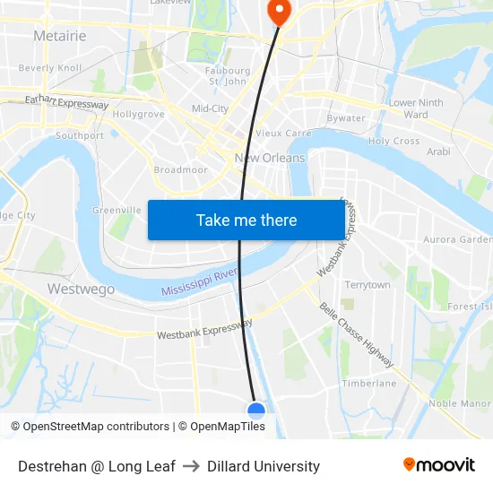Destrehan @ Long Leaf to Dillard University map