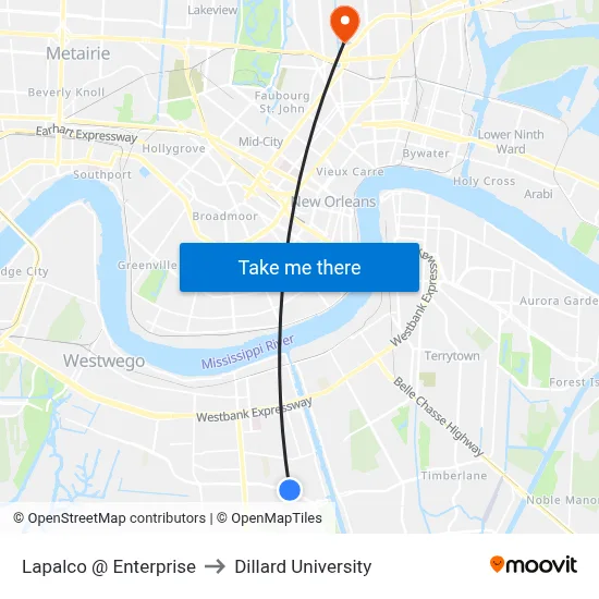 Lapalco @ Enterprise to Dillard University map
