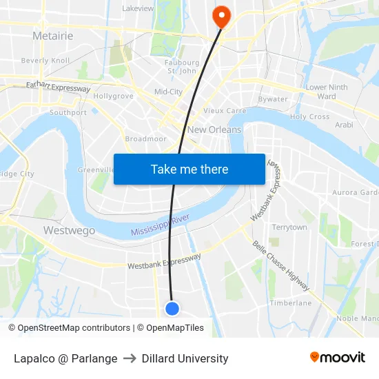 Lapalco @ Parlange to Dillard University map
