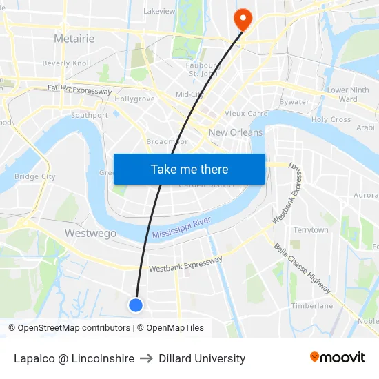 Lapalco @ Lincolnshire to Dillard University map