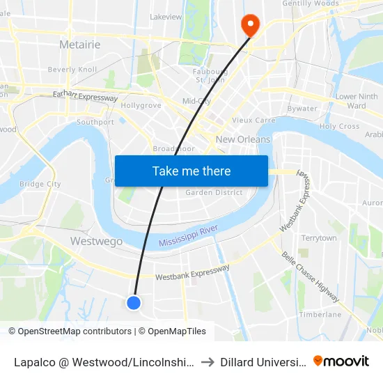 Lapalco @ Westwood/Lincolnshire to Dillard University map