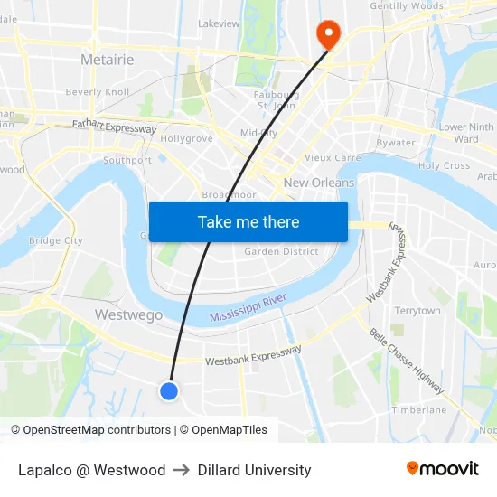 Lapalco @ Westwood to Dillard University map