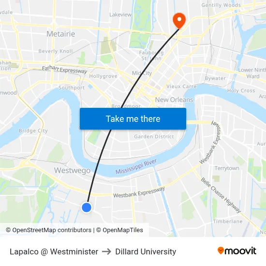 Lapalco @ Westminister to Dillard University map
