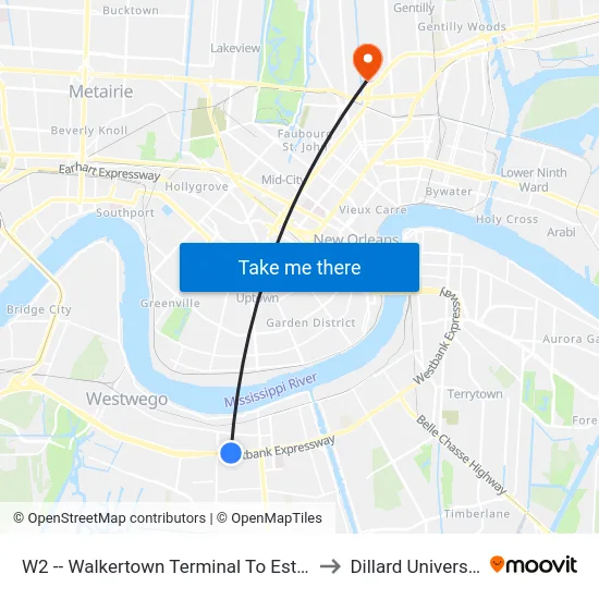 W2 -- Walkertown Terminal To Estelle to Dillard University map