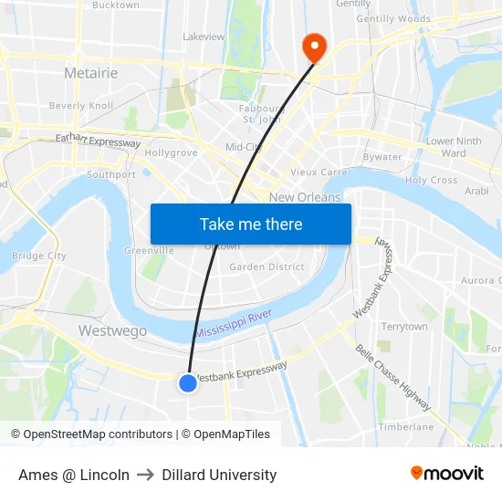 Ames @ Lincoln to Dillard University map