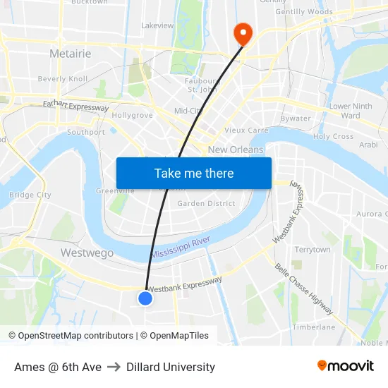 Ames @ 6th Ave to Dillard University map