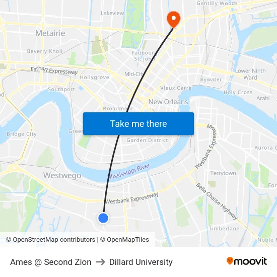 Ames @ Second Zion to Dillard University map