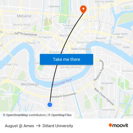 August @ Ames to Dillard University map