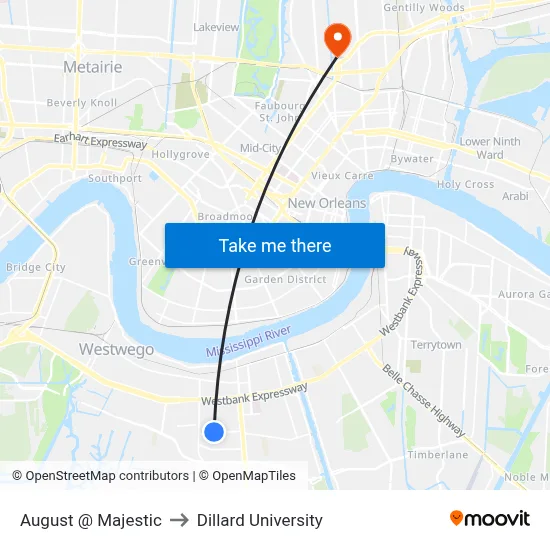 August @ Majestic to Dillard University map
