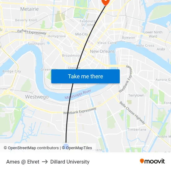 Ames @ Ehret to Dillard University map