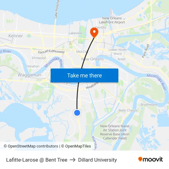 Lafitte-Larose @ Bent Tree to Dillard University map