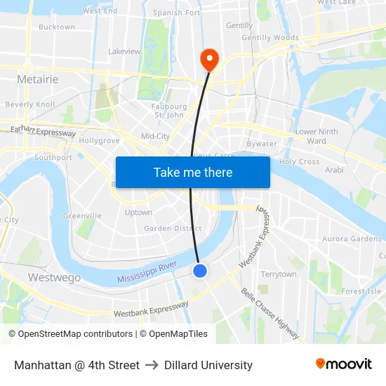 Manhattan @ 4th Street to Dillard University map