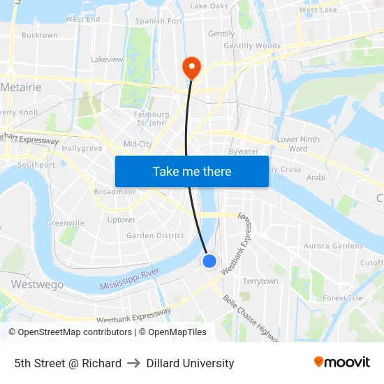 5th Street @ Richard to Dillard University map