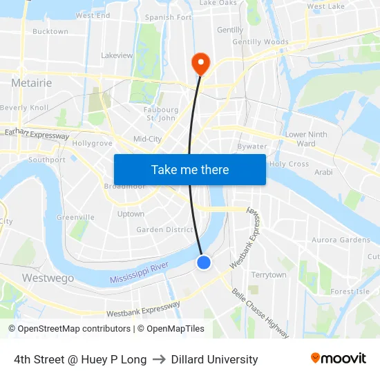 4th Street @ Huey P Long to Dillard University map