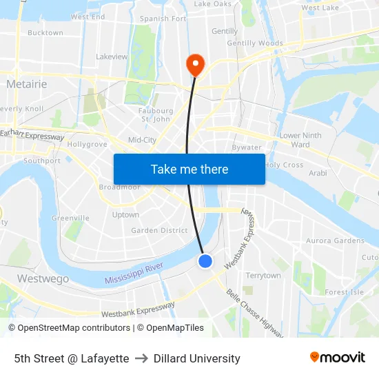 5th Street @ Lafayette to Dillard University map