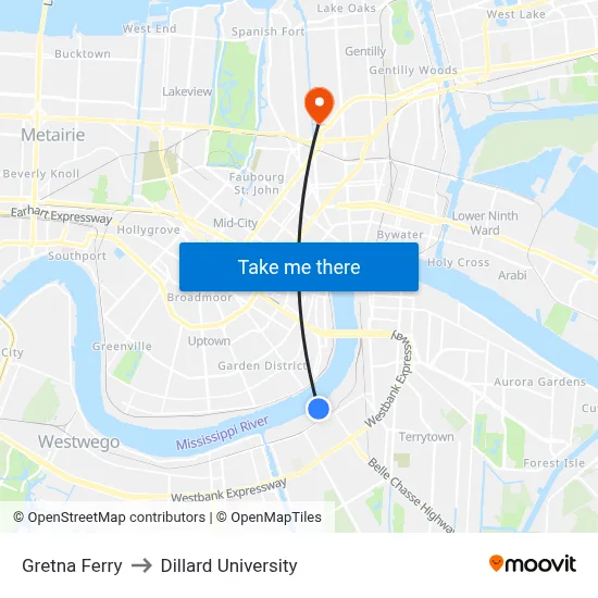 Gretna Ferry to Dillard University map
