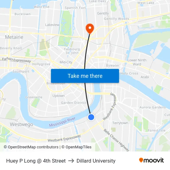 Huey P Long @ 4th Street to Dillard University map