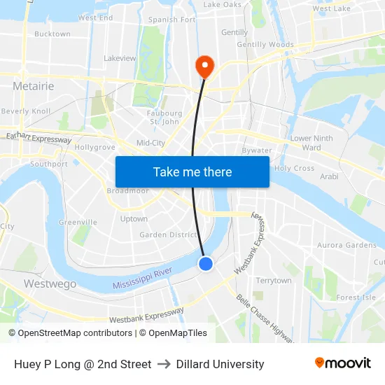 Huey P Long @ 2nd Street to Dillard University map