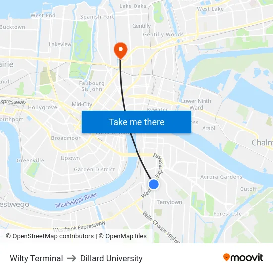 Wilty Terminal to Dillard University map