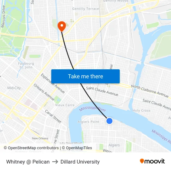 Whitney @ Pelican to Dillard University map