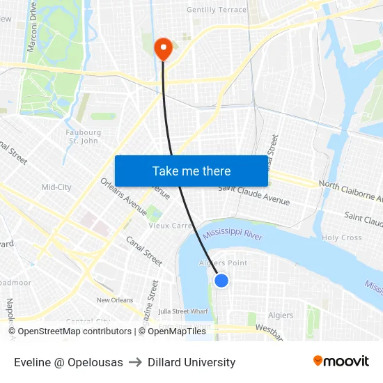 Eveline @ Opelousas to Dillard University map