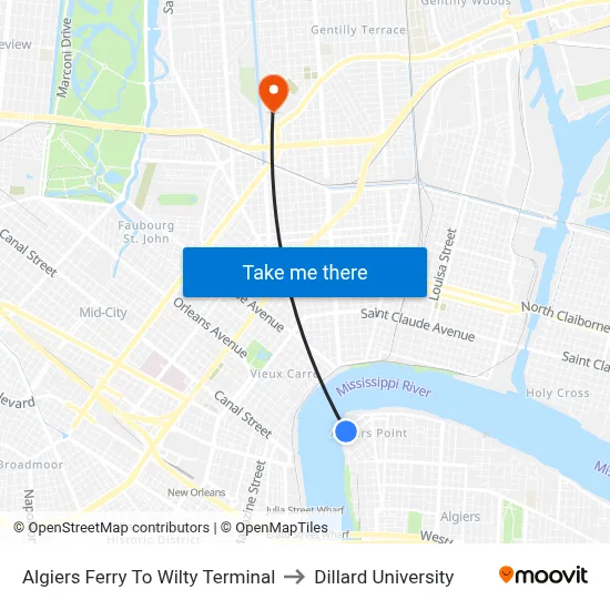 Algiers Ferry To Wilty Terminal to Dillard University map