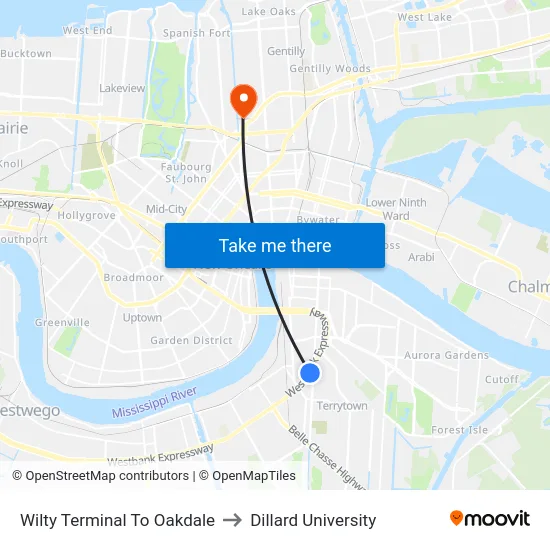 Wilty Terminal To Oakdale to Dillard University map