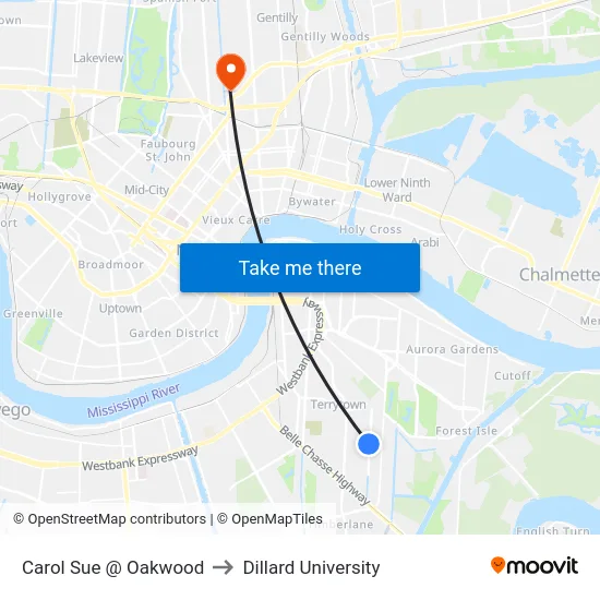 Carol Sue @ Oakwood to Dillard University map