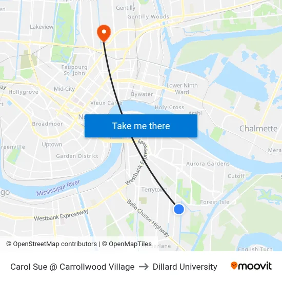 Carol Sue @ Carrollwood Village to Dillard University map