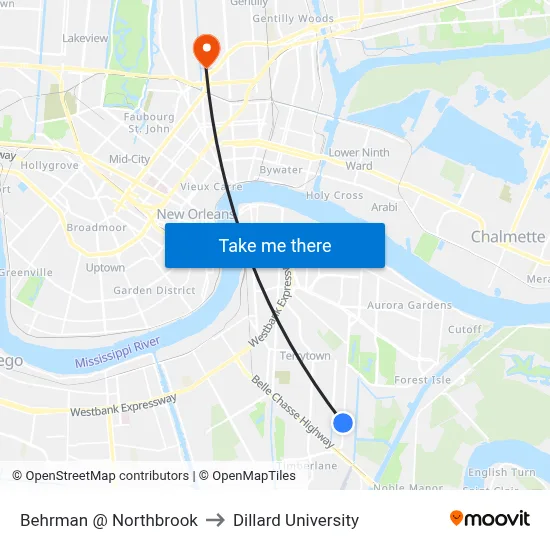 Behrman @ Northbrook to Dillard University map