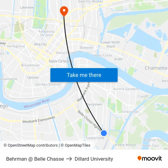 Behrman @ Belle Chasse to Dillard University map