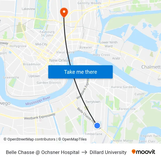 Belle Chasse @ Ochsner Hospital to Dillard University map