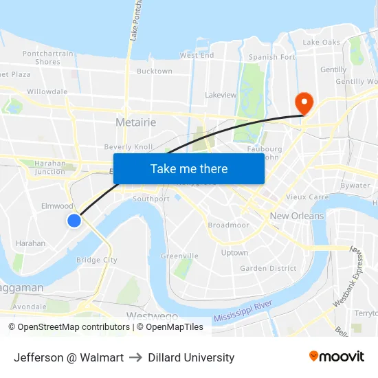 Jefferson @ Walmart to Dillard University map