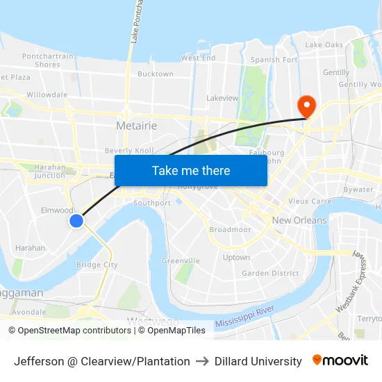 Jefferson @ Clearview/Plantation to Dillard University map