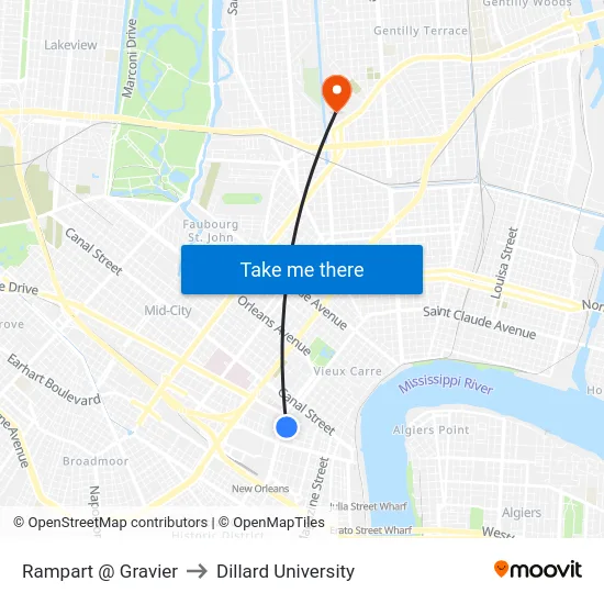 Rampart @ Gravier to Dillard University map