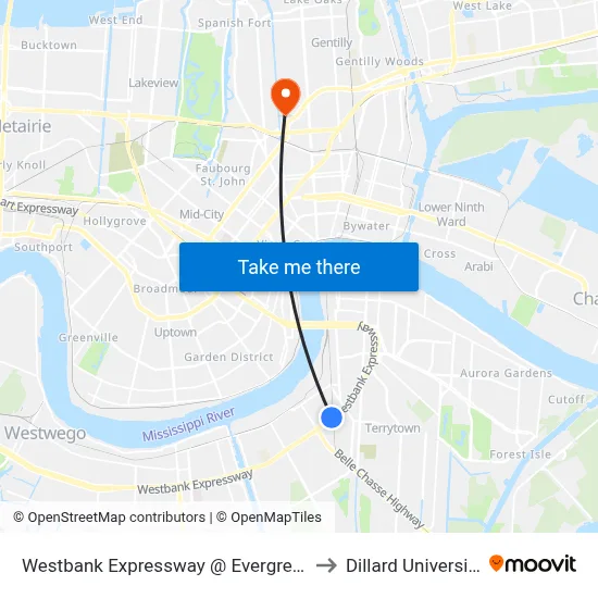 Westbank Expressway @ Evergreen to Dillard University map