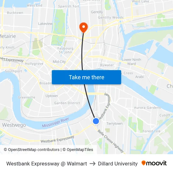 Westbank Expressway @ Walmart to Dillard University map