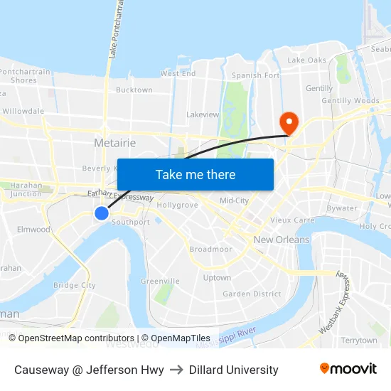 Causeway @ Jefferson Hwy to Dillard University map