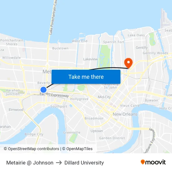 Metairie @ Johnson to Dillard University map