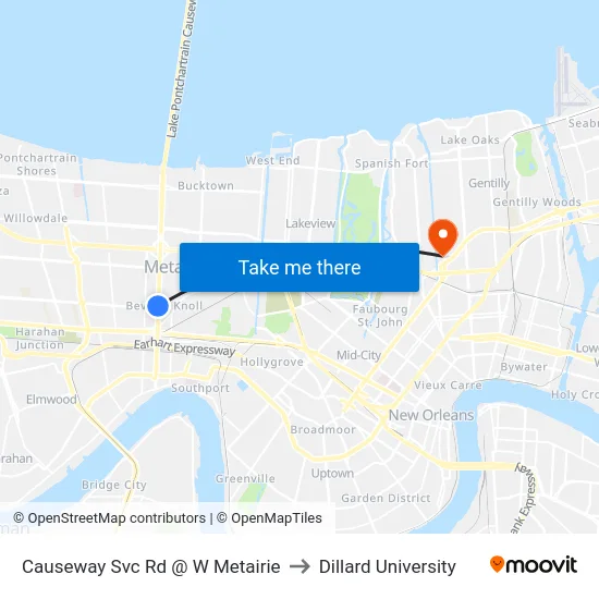 Causeway Svc Rd @ W Metairie to Dillard University map