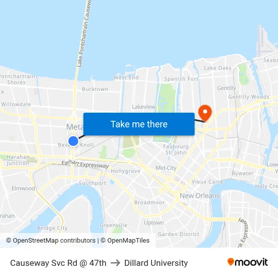 Causeway Svc Rd @ 47th to Dillard University map