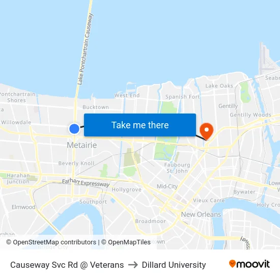 Causeway Svc Rd @ Veterans to Dillard University map