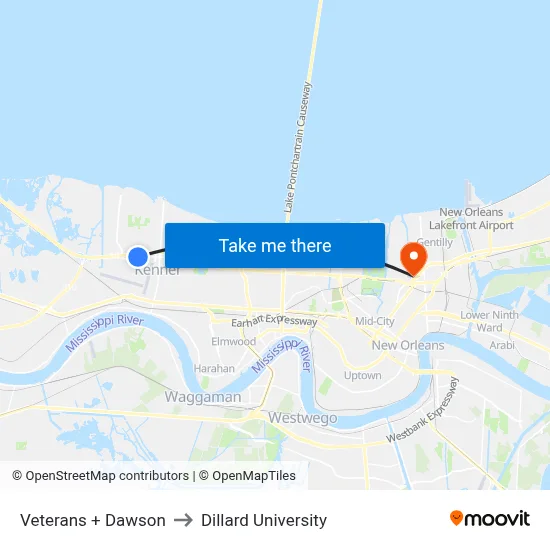 Veterans + Dawson to Dillard University map