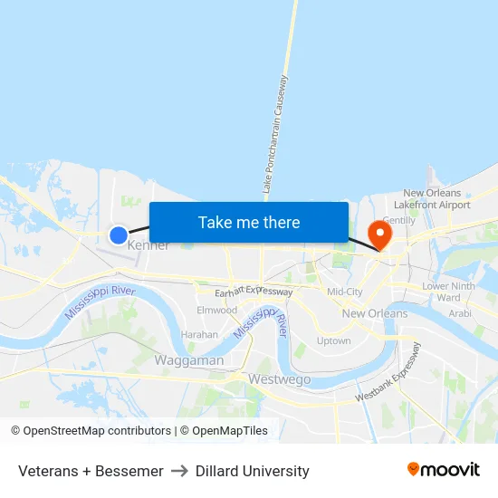 Veterans + Bessemer to Dillard University map