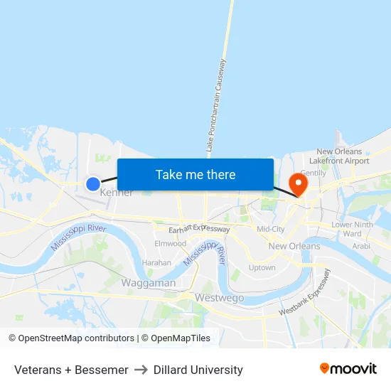 Veterans + Bessemer to Dillard University map