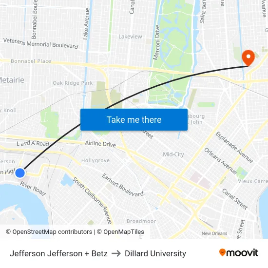 Jefferson Jefferson + Betz to Dillard University map