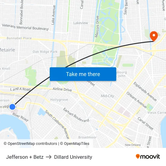 Jefferson + Betz to Dillard University map