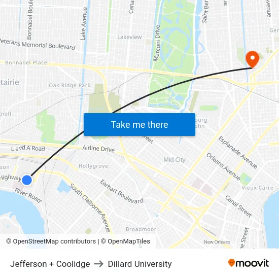 Jefferson + Coolidge to Dillard University map